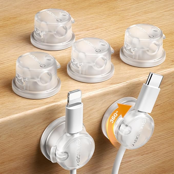 NEWDERY 6pc Magnetic Cable Clips Cord Organizer Cord Holder for Nightstand | Desk Cable Management,360° Rotatable,3M Adhesive Wire Holder,for Home Office Desk Phone Charger Car Wall Nightstand,White