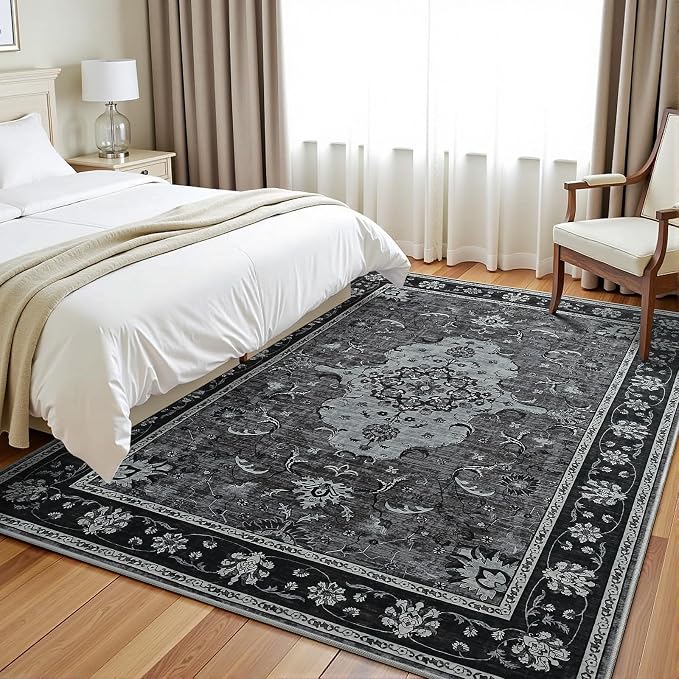 Area Rug 6x9, Washable Living Room Rugs Printed Vintage Floral Carpet Non Slip Soft Indoor Kitchen Mat for Bedroom, Laundry Room, Playroom, Farmhouse Carpets, Low Pile Mats, Black Grey