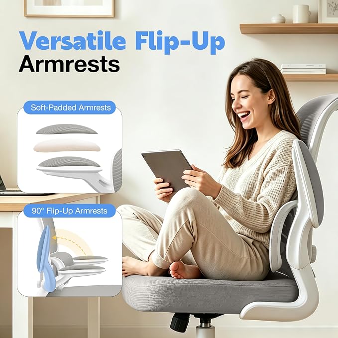 ALLGOD Ergonomic Office Chair, Breathable Mesh Ergonomic Desk Chair with Adjustable Lumbar Support, Flip-up Armrests, Computer Chairs Comfortable for Home, Office, Work, 300lbs, LightGray, Upgrade