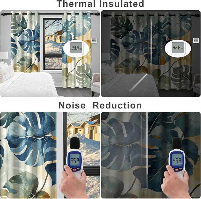Blackout Curtains for Bedroom and Living Room, Grommet Thermal Insulated Room Darkening Bedroom Curtains, Monstera Leaves Drapes 84 Inch Long 2 Panels Set Light Filtering Reduce Noise Protect Privacy