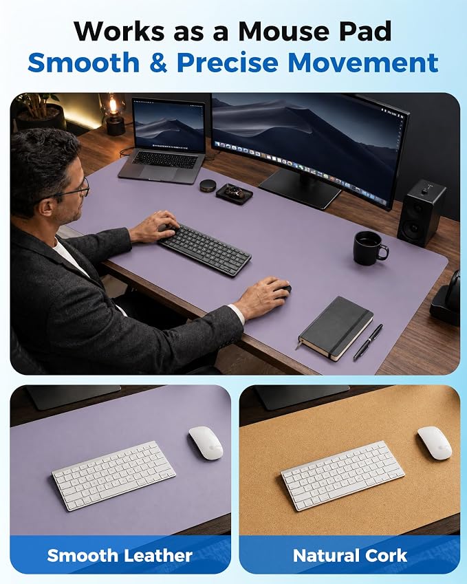 Aothia Dual-Sided Desk Mat, FSC Cork & PU Leather Desk Pad, Large Mouse Pad & Writing Surface for Compact Workspace, Non-Slip Waterproof Desk Protector - 25.6" x 13.7", Light Purple
