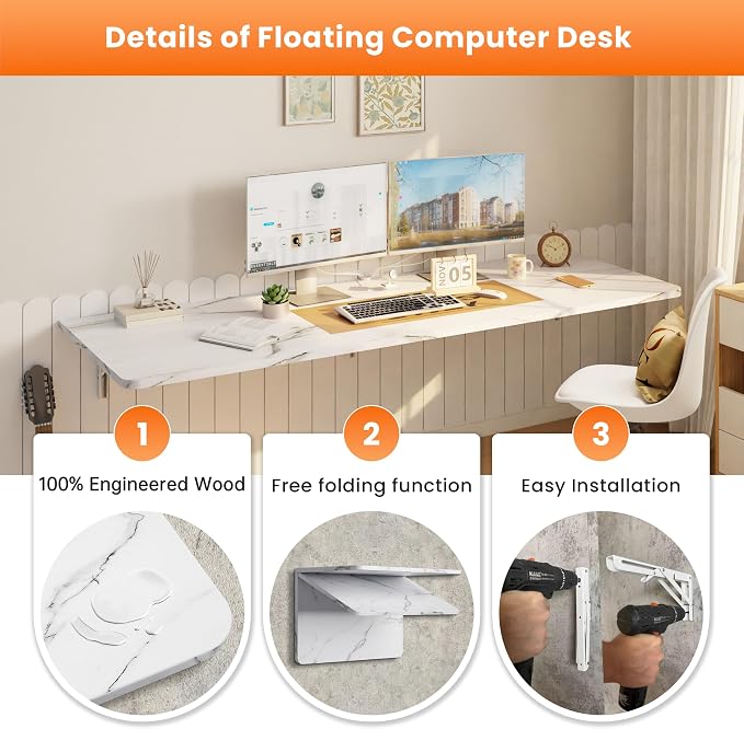 IAE Wall Mounted Floating Foldable Desk 60" x 22" Folding Computer Workstation Table with Engineered Wood and Metal Shelf Brackets,Fold&Floating Design for Home Office, Apartment,Laundry Room,White