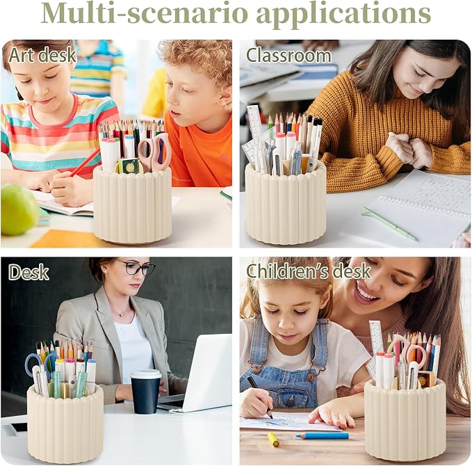 360° Rotating Pen Holder for Desk Removable Pencil Organizer, Beige | 7 Slots Pen Cup Cute Office Supplies and Accessories Plastic Desktop Storage Box Art Caddy for School, Work, Home