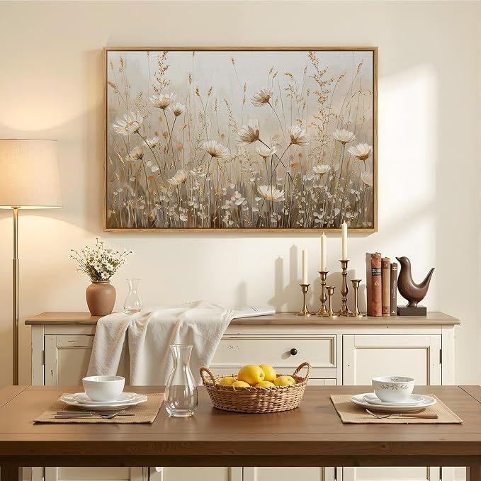 Framed Vintage Floral Wall Art, Neutral Rustic Botanical Flower Market Canvas Artwork for Modern Farmhouse, White Gold Wildflower Painting Prints for Living Room Bedroom Kitchen Dining Room, 24x36 In