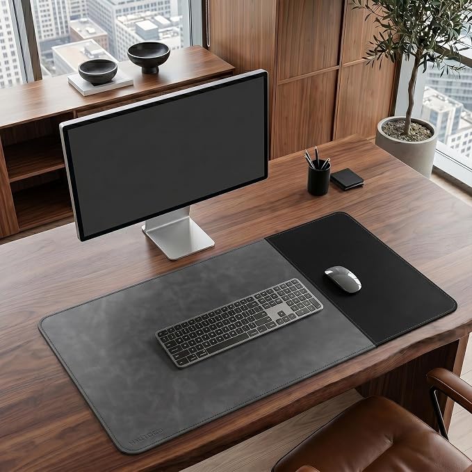 HAUTOCO Cork Desk Mat 31.5"x15.7", Distressed PU Leather & Cloth Desk Pad | Waterproof, Non-Slip, Stitched Edges, Black Large Gaming Mouse Pad, Laptop Blotter & Desk Protector for Office and Home