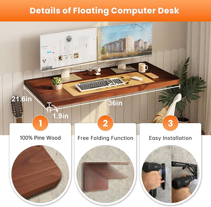 IAE Floating Wall Mounted Folding Table Desk with Pine Wood,36"x22" Folding Workbench,Fold Down wall Mounted Foldable Table with Shelf Brackets,Laundry Folding Table for Apartment,Home,Kitchen,Walnut