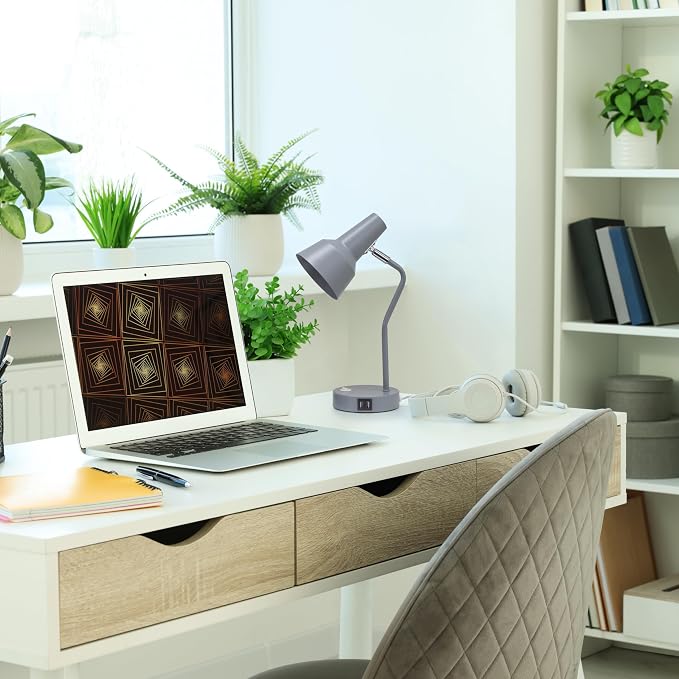 Simple Designs LD1072-GRY 15.2" Sleek Essentials Metal Cone Shade Desk Lamp with Adjustable Shade and Dual USB Ports, for Office, Desk, Nightstand, Dorm, Gray