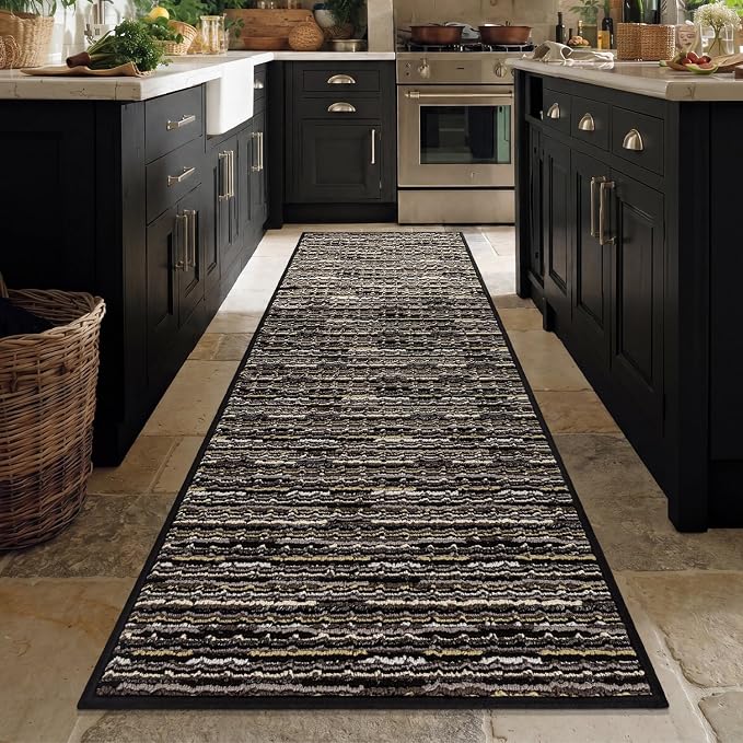 Kitchen Runner-Non Slip Kitchen Mats for Floor-Thick Stain Resistant Vintage Kitchen Floor Rug Runner Carpet for Hallways Entryway Laundry Room Washable（Black 24"x70"）