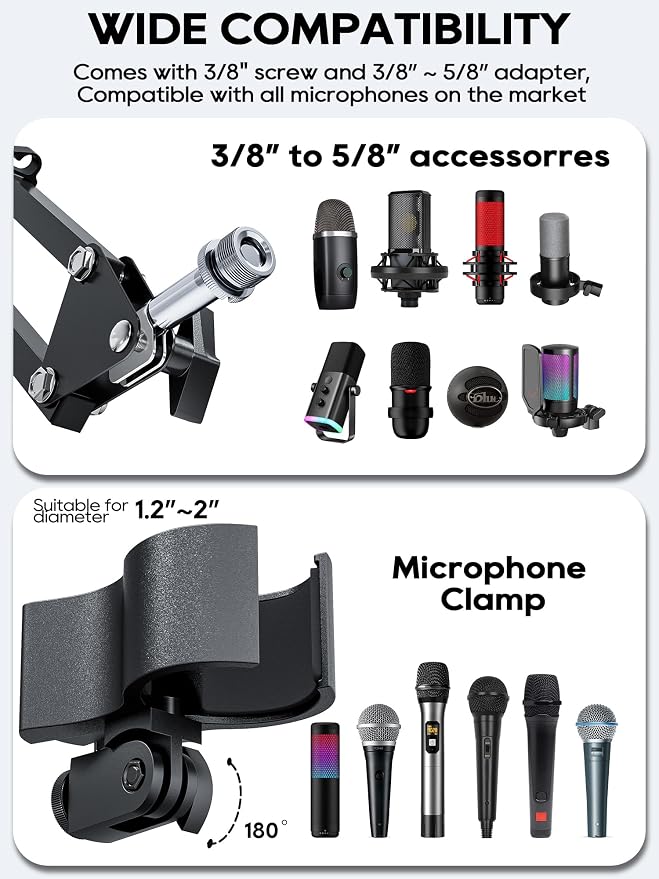 CACENCAN Boom Arm, 360° Rotatable Microphone Stand with Desk Mount, Foldable Desk Mic Arm with 3/8'' to 5/8'' Screw Adapter, Microphone Arm for Live Streaming, Gaming, Podcasting