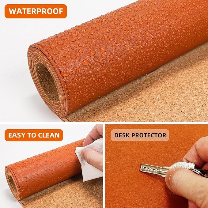AFIING Desk Mat 47.2" x 17", Leather Desk Pad Protector with Natural Cork & PU Leather, Non-Slip Office Desk Mat, Double-Sided Mouse Pad, Waterproof Large Desk Pad for Office and Home (Orange)