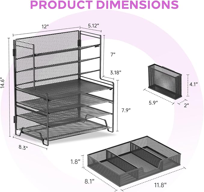 7-Tier Desk Organizer with Drawer and Pen Holder, Metal Letter Tray, Black | Metal Mesh File Organizer with Drawer for Paper, Notes and Office Supplies at Home, School or In the Classroom