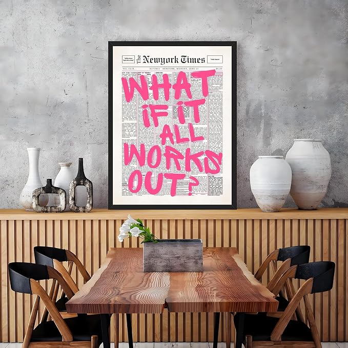 Vintage What If It All Works Out Canvas Wall Art Retro Newspaper Pink Font Poster Positive Affirming Quote Minimalist Prints Painting for Bedroom Study Dorm Wall Decor 16x24inch Black Frame