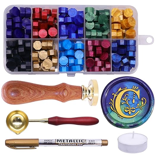 SWANGSA Initial Alphabet C Wax Seal Stamp Kit, Classic Retro Letter Sealing Stamp with 200pcs Sealing Wax Beads Kit for Wedding Invitations Cards Envelopes (C)