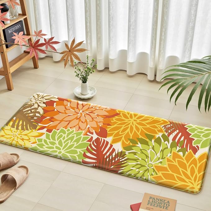 Arenarug Kitchen Mats for Floor 2PCS Cushioned Anti Fatigue Kitchen Mats Waterproof Non Slip Kitchen Rug Set Foam Standing Mat for Sink, Laundry, Office,17.3" x 28" + 17.3" x 59", Maple Orange
