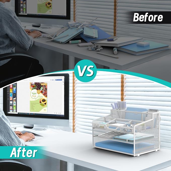 3 Tier Mesh Paper Desk Organizer with Pen Holders, White | Features 3 pen holders, and 5 adjustable compartments for office school home desk storage