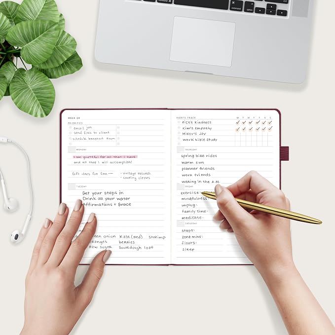 And Per Se Undated Planner, Weekly & Monthly Planner with Goal & Habit Tracker, A5 Leather Hardcover Productivity Journal for Academic Year (Dark Red)
