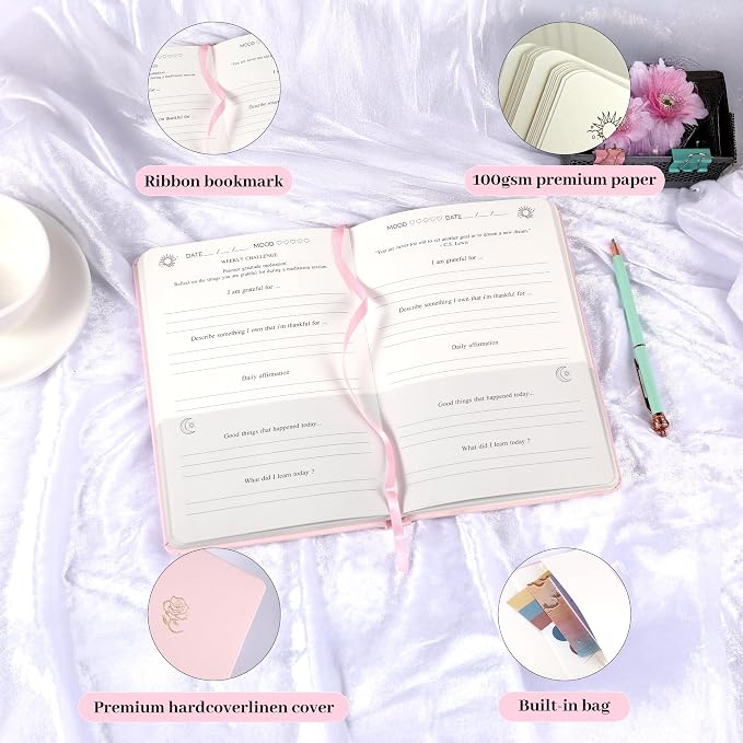 Yoment Gratitude Journal for Women Self Care Journal for More Happiness with Prompts for Mindfulness, Mental Health, Productivity & Self Care, 5 Minute Reflection for Positivity and Gratitude, Pink