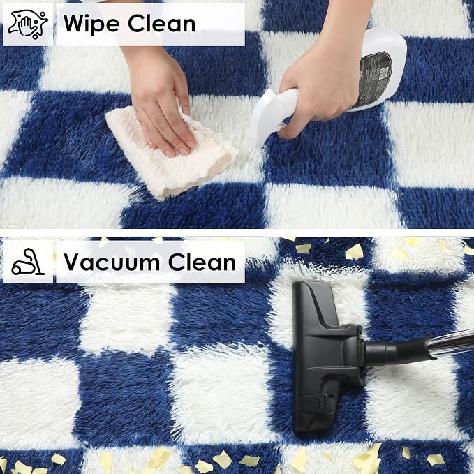 KICMOR Rugs for Living Room, Soft Fluffy Checkered Shag 5x8 Area Rug Large Big Fuzzy Shaggy Bedroom Plush Carpet, Navy Blue and Cream White Rug for Kids Boys Girls Dorm Nursery Home Decor Aesthetic