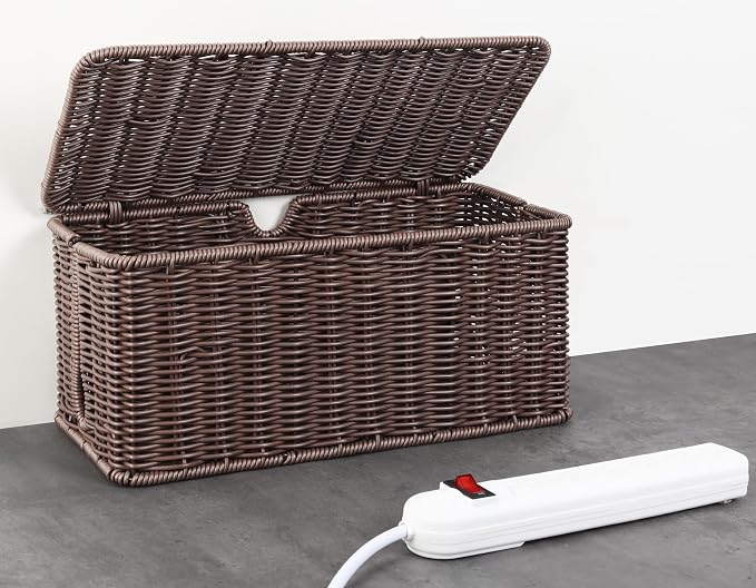 ZhiYo Rattan Cable Management Box, Dark Brown, 13.5" x 6.2" x 6" | Handwoven cord organizer conceals power strips and cables for a cleaner home or office setup, cord hider design