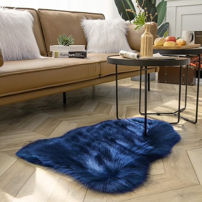 Ashler Faux Fur Rug, Fluffy Shaggy Area Rug Ultra Soft 2 x 3 Feet Sheepskin Fur Rug, Navy Blue Fuzzy Machine Washable Shag Rug, Nursery Decor Throw Rugs for Bedroom, Kids Room, Living Room