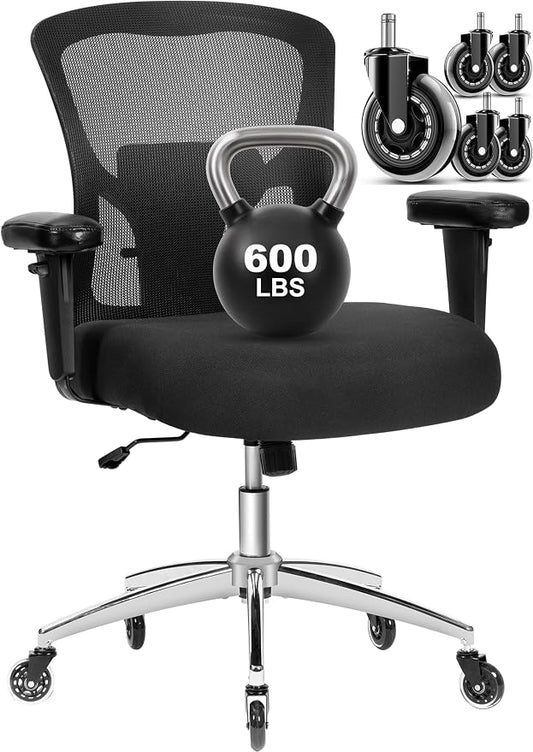 Big and Tall Office Chair 600lbs, Heavy Duty Ergonomic Mesh Chair, Computer Executive Desk Chair with Wide Thick Seat, Adjustable Armrests, Lumbar Support (Black, 601LBS) (Black, 600LBS)