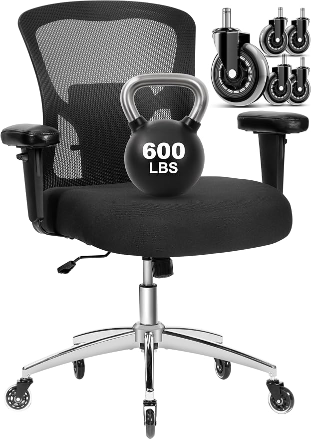 Big and Tall Office Chair 600lbs, Heavy Duty Ergonomic Mesh Chair, Computer Executive Desk Chair with Wide Thick Seat, Adjustable Armrests, Lumbar Support (Black, 600LBS)