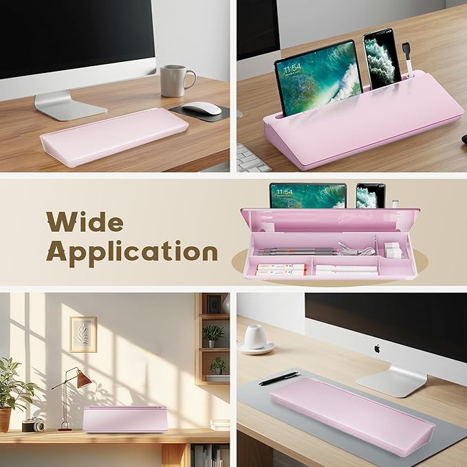 Glass Desktop Whiteboard, Dry Erase Board with Marker Holder, Computer Monitor Message Board and Desk Organizer for Home, Office and School Supplies (Pink)