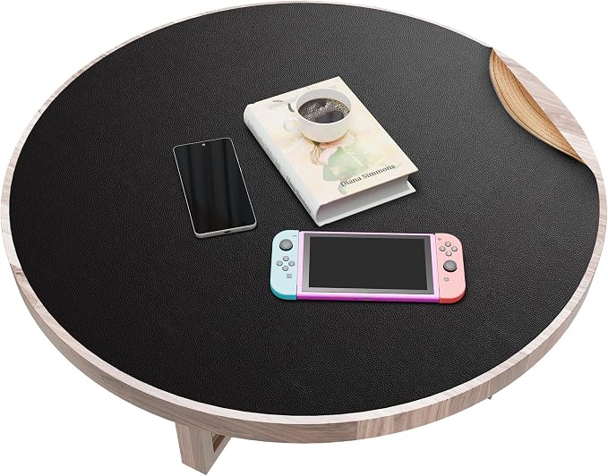 MAIDERN 24 Inch Round Cork & Leather Placemats, Cuttable Size (18-24 Inch), Trimmable Dining Table Mat, Heat Resistant/Non-Slip Table Cover for Kitchen, Office, or Restauran (Black)