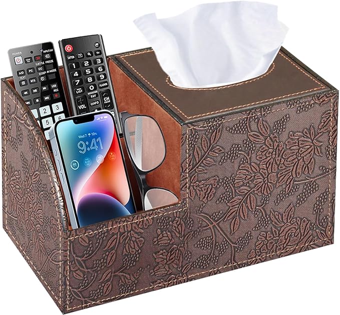 PU Leather Square Tissue Box Cover - Multi-Functional Tissue Box Holder | Tissue Box Cover with Storage ,Tissue and Remote Control Holder, Cube Tissue Box Organizer Bedroom Nightstand End Table