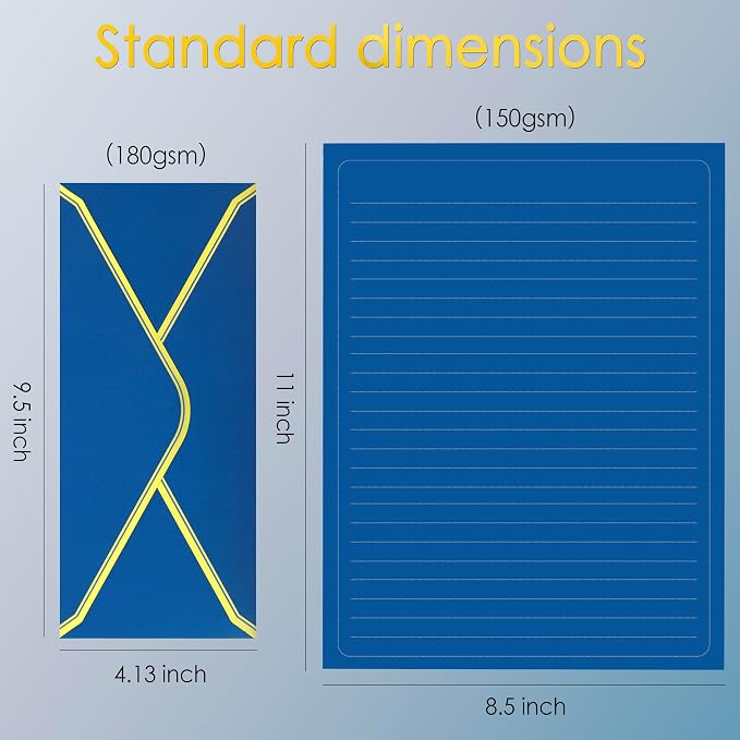 J6&H6 Gold Thread Stationary Paper and Envelopes Set Including 12 Standard Sized Phnom Penh Envelopes and 24 Sheets of Lined Paper Suitable for Daily Emotional Expression Formal Communication(Blue)