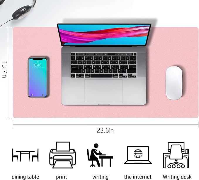 Aothia Double-Sided PU Leather Desk Pad - Non-Slip Large Mouse Pad & Desk Mat for Office, Home - Waterproof, Easy to Clean, Durable Dual-Sided Surface (23.6"x13.7", Pink)
