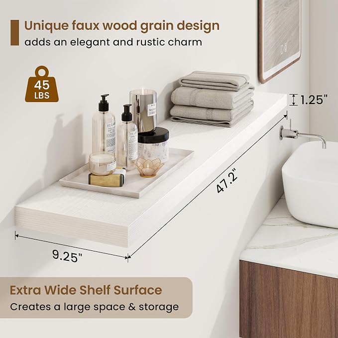 48in Floating Shelves for Wall, 48"W x 9.25"D x 1.25"H, 2 Pack Long Wall Mounted Engineered Wood Shelves with Invisible Brackets for Living Room, Bedroom, Bathroom, Kitchen Decor and Storage, White