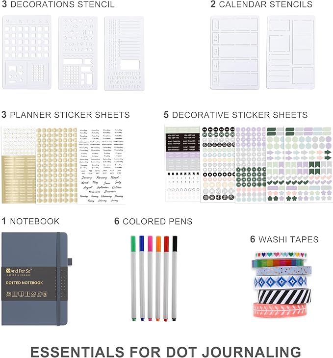 &And Per Se A5 Hardcover Dotted Notebook with 25+ Accessories - 6 Pens, Stickers, Stencils, Washi Tapes & Gift Box Included | Dotted Journal Kit for Beginners, Adults, Premium Gift Set (Dark Blue)