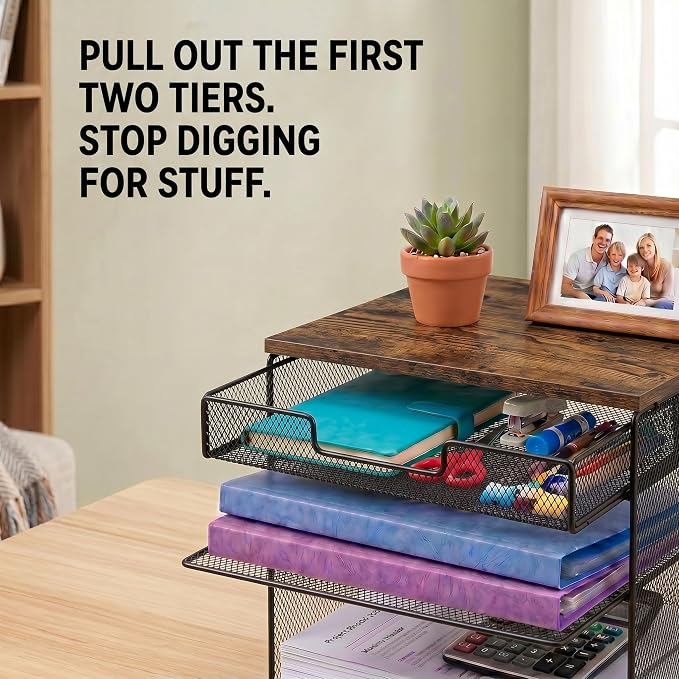 4-Tier Mesh Desk Organizer and Accessories with Drawer Wooden Top Desktop Organizers Letter Tray Paper Organizer File Holder for Home Office School Black