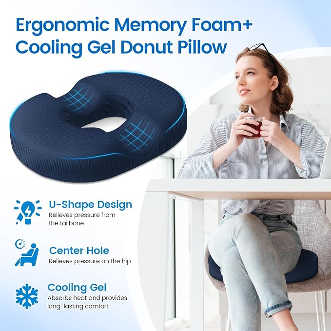 Donut Pillow Seat Cushion, Cooling Gel Memory Foam Chair Cushion, Blue | Office, Home & Car Seat Cushion, Butt Pillow for Tailbone Pain Relief, Hemorrhoids and Everyday Sitting Comfort