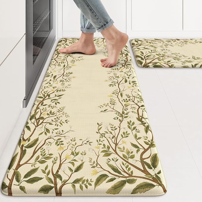 KIMODE Anti Fatigue Kitchen Mats for Floor 17"x47"+17"x29", Farmhouse Leaf Kitchen Rugs Sets of 2, Cushioned Kitchen Floor Mats, Buttercream Laundry Room Rugs for Sink Desk Kitchen Decor Bedroom