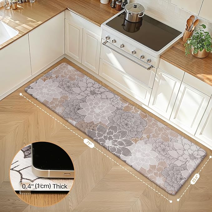 GENIMO Anti Fatigue Kitchen Runner Mats for Floor, Cushioned Standing Mats | 23"x71" , Taupe Grey vintage floral rug set, waterproof, non slip, easy-clean for farmhouse