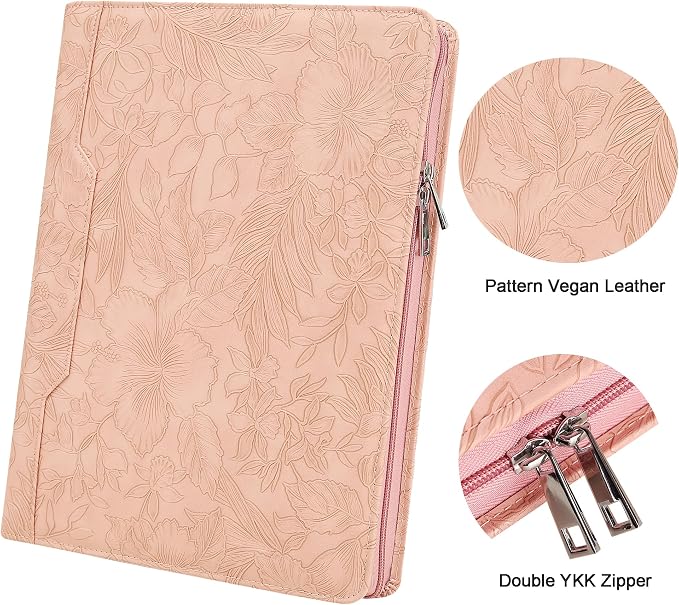 Vegan Leather Padfolio Binder, Personalized 3 Ring Binder for Women, Pink Leather, Handmade Portfolio Organizer, Engraved Resume Folder (Pink Pattern, Custom)