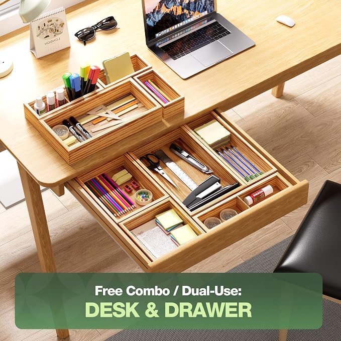 9-Pack Solid Wood Junk Drawer Organizer, Modular Desk Drawer Tray & Accessories with Non-Slip Pad, Multi-Use for Kitchen, Office, Bedroom Dresser, Utensil, Makeup, Stationery, Tea Bags & Coffee Pod