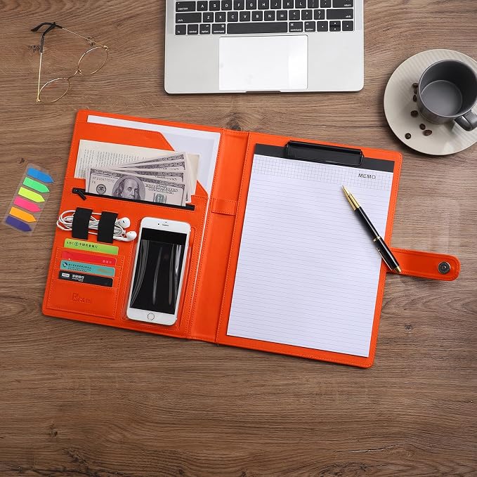 12.8 * 9.6 inch Portfolio Case Business Padfolio, Smart Phone is Usable in Document Organizer, Conference File Folder with A4/Letter Size Clipboard and Notepad - Orange