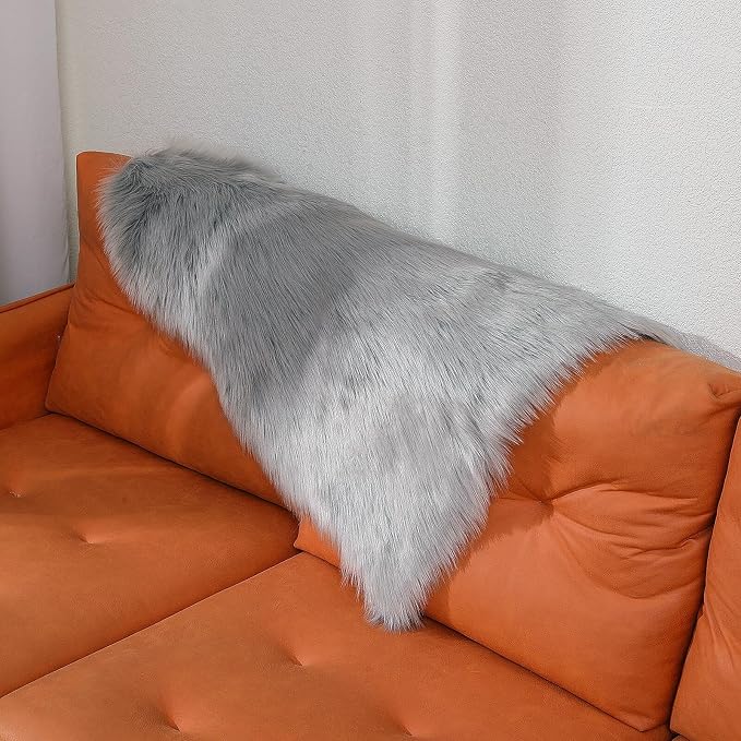 linmopm Faux Fur Sheepskin Rug, Grey, 2x3 ft | Shag Fluffy Fuzzy, High-Density Cushion, For Bedroom Bedside Living Room, Plush Carpet, Sofa Cover