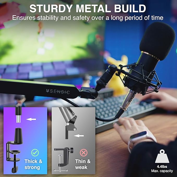 Sensic SA-30 LP Low Profile Microphone Boom Arm, 360° Rotatable Mic Stand, Low Profile Microphone arm for streaming with Cable Management, Professional Mic Arm, Mic Boom Arm Black