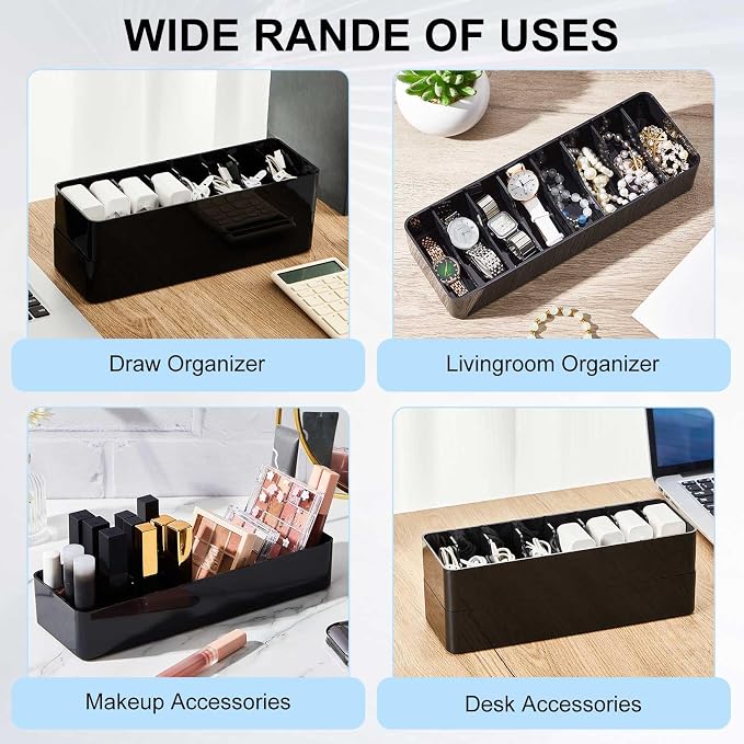 Tatuo 2 Pcs Cord Organizer for Drawer Desktop, Cable Organizer Box with 8 Compartments and Wire Ties, Plastic Charger Storage with Lid, Electronics Case for Home Office Accessories (Small,Black)