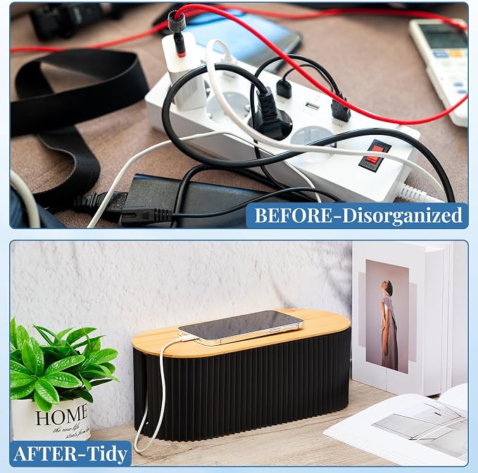 2 Pcs Cable Management Box, Fits Most Power Sockets, 11.8x5.1x4.3 in | Hides Cords & Power Sockets, Bamboo Lid, Beige & Black Options, Includes 48 Accessories, Home Office Desk or Floor Use