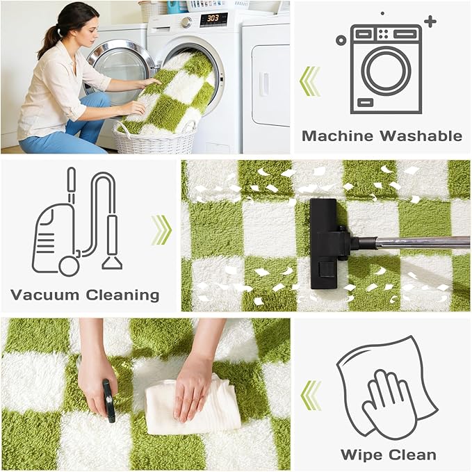 Area Rugs for Living Room 9x12, Ultra Fluffy Shag Checkered Rug Modern Washable Carpet Soft Shaggy Non Slip Indoor Plush Fuzzy Rugs for Bedroom Dorm Office Home Aesthetic Decor, Cream and Green