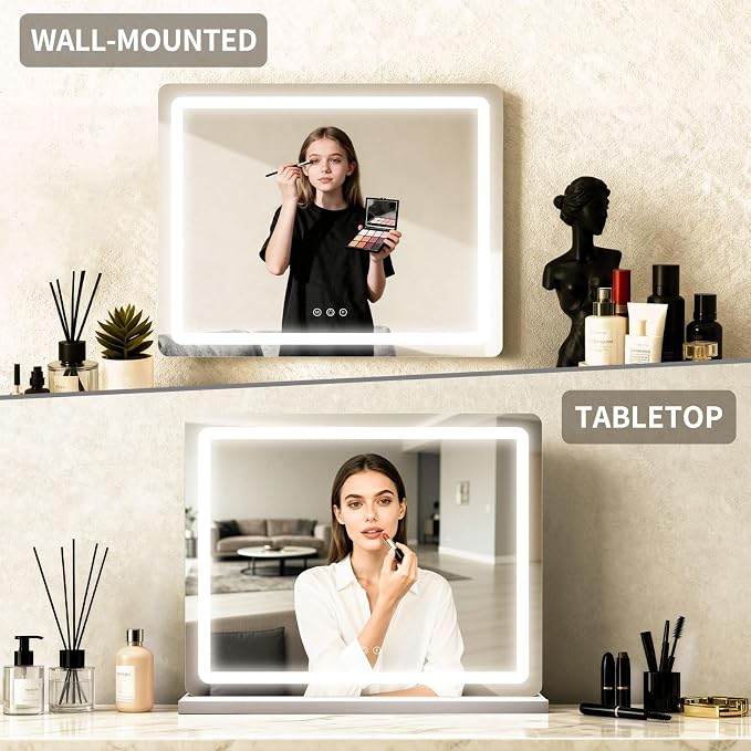 ROLOVE 23"x 18" Large Vanity Mirror with Lights, LED Makeup Mirror for Dresser and Desk, 10X Magnification, Dimmable Touch Control, Wall Mounted or Tabletop Mirror for Bedroom (White)