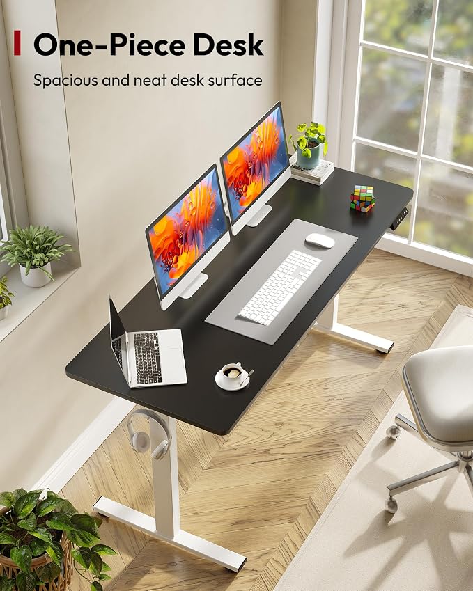 SANODESK One-Piece Electric Standing Desk, Seamless 60 x 24'' Ergonomic Height Adjustable Sit Stand Desk with Memory Presets for Home Office Computer Workstation, White Frame/Black Top
