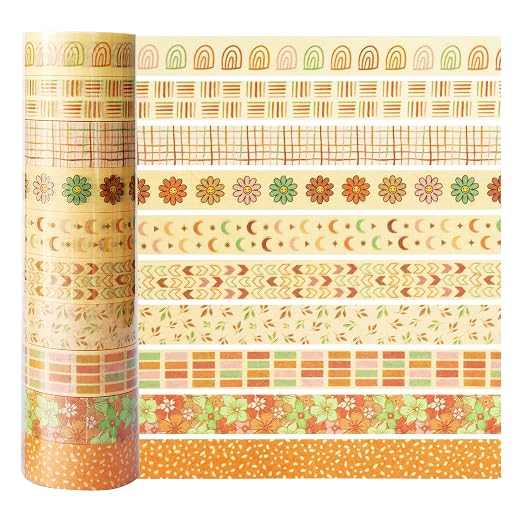 Boho Washi Tape Set 10 Rolls Cute Masking Graphic Floral Pattern Decorative Tapes for Arts, DIY Crafts, Journals, Planners, Scrapbook, Wrapping (Colors)