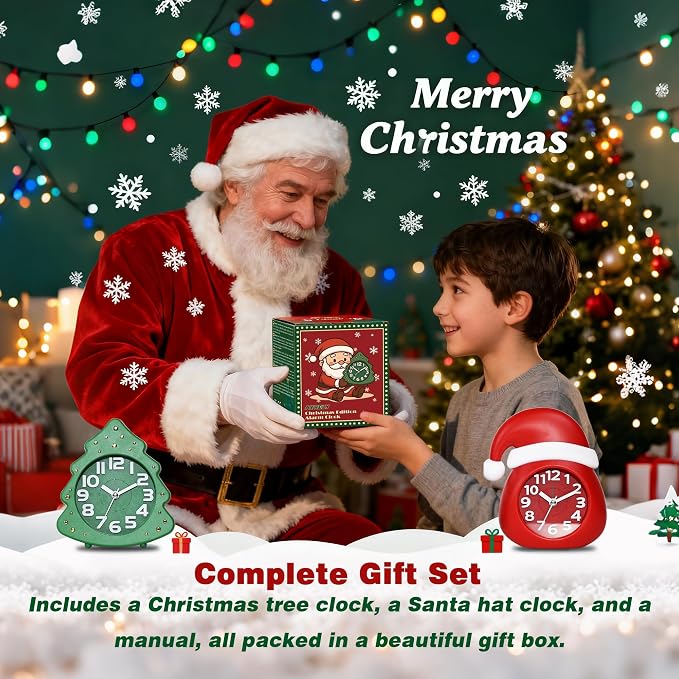 AYRELY® Christmas Alarm Clock Gift Set, 2 Silent Analog Clocks | Santa Hat & Christmas Tree Designs, Ready-to-Gift Holiday Edition for Kids & Family with Festive Gift Box