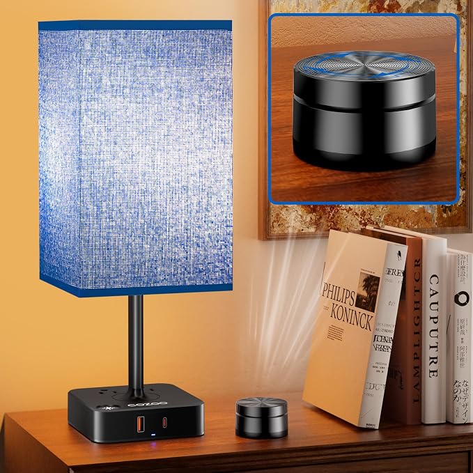 cozoo Bedside Table Lamp for Bedroom, 3 Way Dimmable & Remote Control Stepless Dimming Touch Nightstand Lamp, 2 USB Ports and 2 AC Outlets, Small Desk Light for Living Room, Bed, Study, Blue